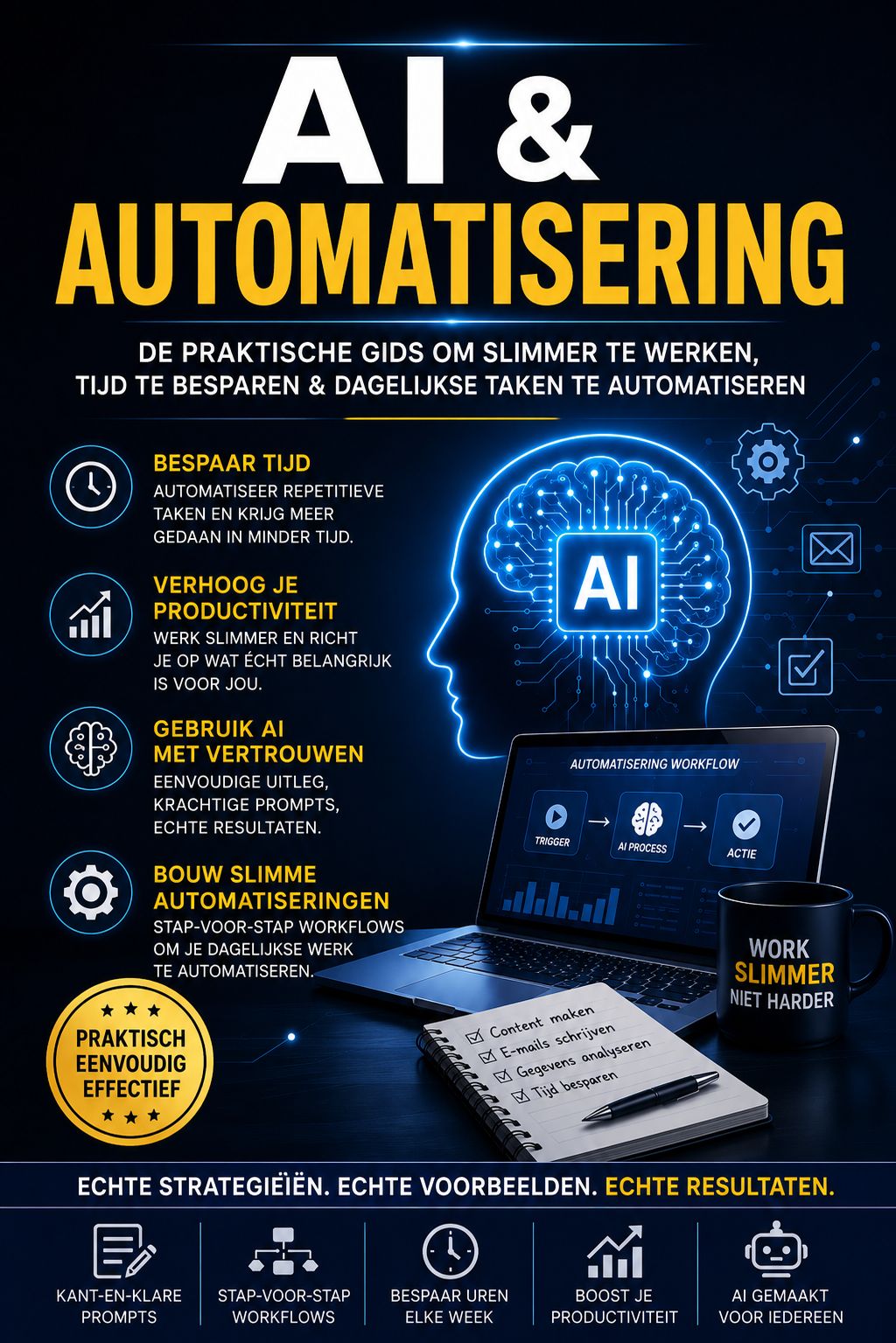 AI & Automatisering productmockup met hoofdstukken en voordelen
